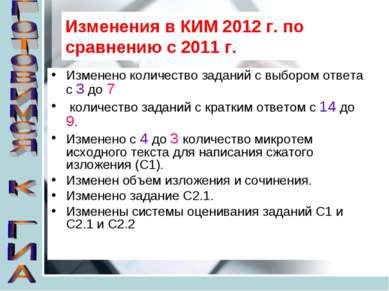 Изменения в КИМ 2012 г. по сравнению с 2011 г. Изменено количество заданий с ...