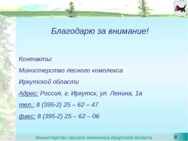 Благодарю за внимание! Контакты: Министерство лесного комплекса Иркутской обл...