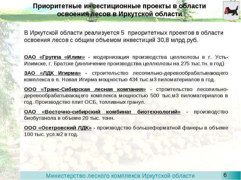Приоритетные инвестиционные проекты в области освоения лесов в Иркутской обла...