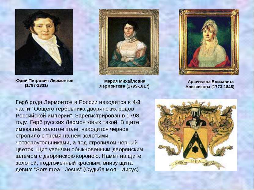 Юрий Петрович Лермонтов (1787-1831) Мария Михайловна Лермонтова (1795-1817)  ...