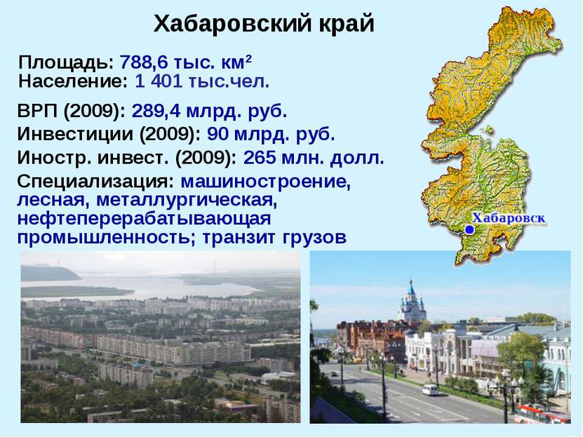 Площадь: 788,6 тыс. км2 Население: 1 401 тыс.чел. ВРП (2009): 289,4 млрд. руб...