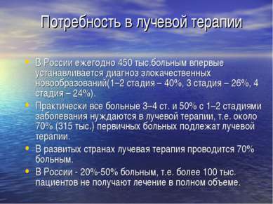 Потребность в лучевой терапии В России ежегодно 450 тыс.больным впервые устан...