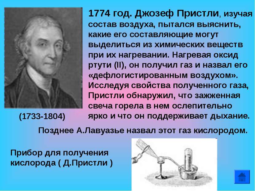1774 год. Джозеф Пристли, изучая состав воздуха, пытался выяснить, какие его ...