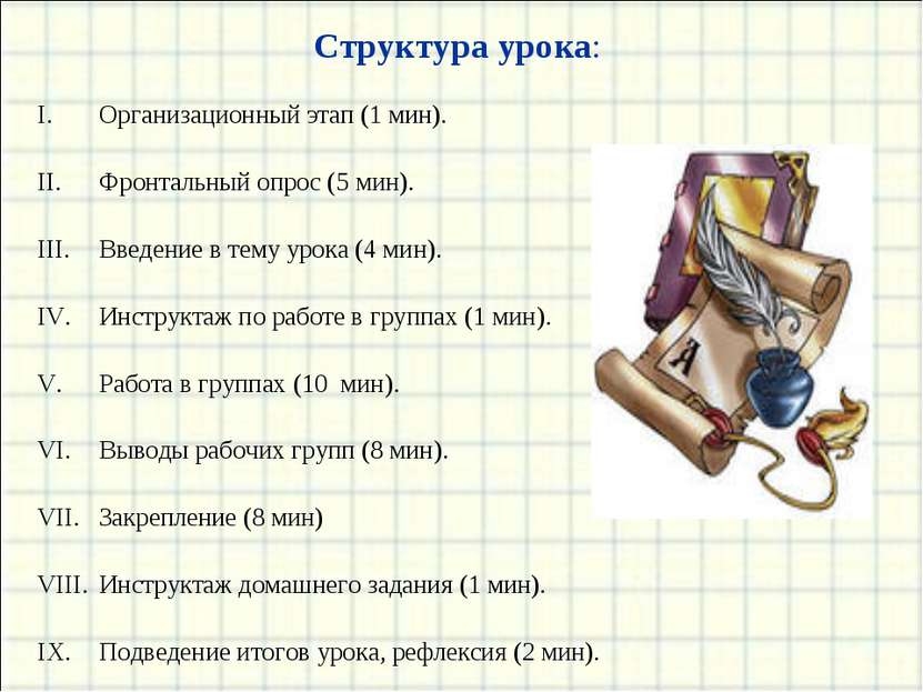 Структура урока: Организационный этап (1 мин). Фронтальный опрос (5 мин). Вве...