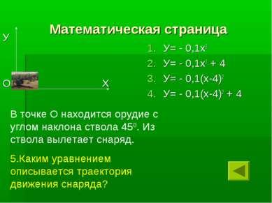 Математическая страница У О Х У= - 0,1х2 У= - 0,1х2 + 4 У= - 0,1(х-4)2 У= - 0...
