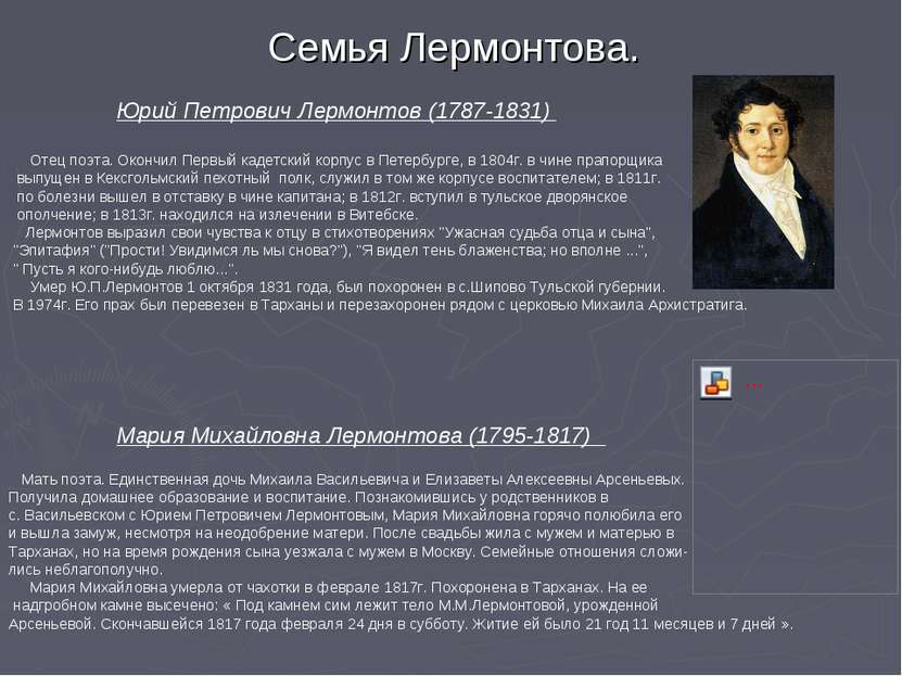Семья Лермонтова. Юрий Петрович Лермонтов (1787-1831) Отец поэта. Окончил Пер...