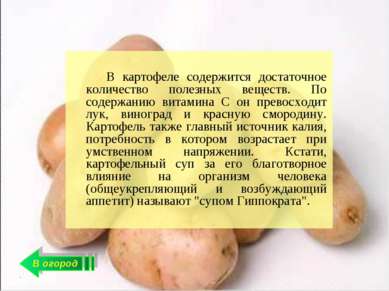 В огород В картофеле содержится достаточное количество полезных веществ. По с...