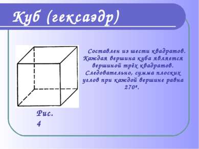 Куб (гексаэдр) Составлен из шести квадратов. Каждая вершина куба является вер...