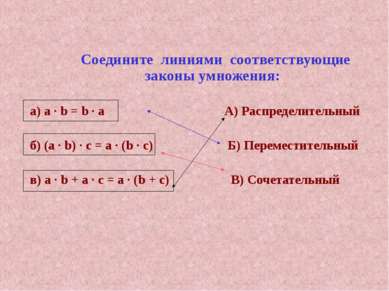 Соедините линиями соответствующие законы умножения: а) a · b = b · а А) Распр...