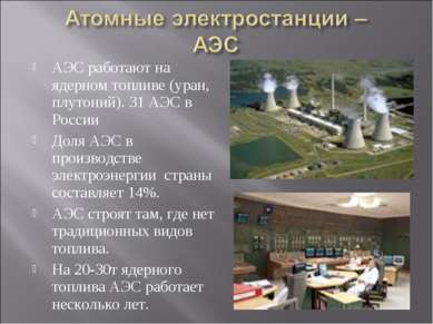 АЭС работают на ядерном топливе (уран, плутоний). 31 АЭС в России Доля АЭС в ...