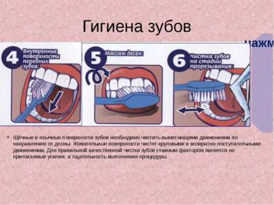 Гигиена зубов Щёчные и язычные поверхности зубов необходимо чистить выметающи...