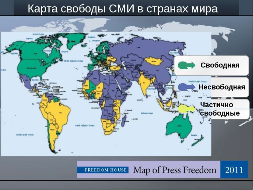 Карта свободы СМИ в странах мира Несвободная Частично свободные Свободная let...