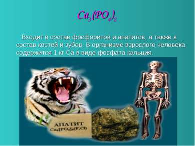 Ca3(PO4)2 Входит в состав фосфоритов и апатитов, а также в состав костей и зу...