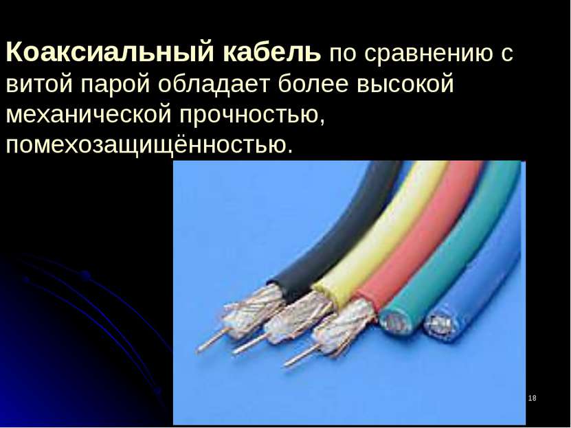* Коаксиальный кабель по сравнению с витой парой обладает более высокой механ...