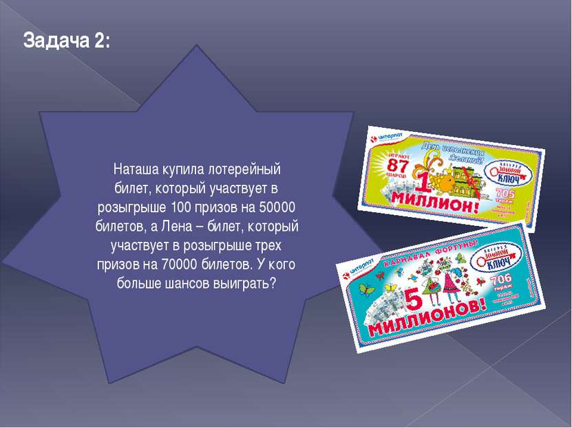 Задача 2: Наташа купила лотерейный билет, который участвует в розыгрыше 100 п...