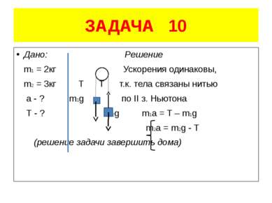 ЗАДАЧА 10 Дано: Решение m1 = 2кг Ускорения одинаковы, m2 = 3кг Т Т т.к. тела ...