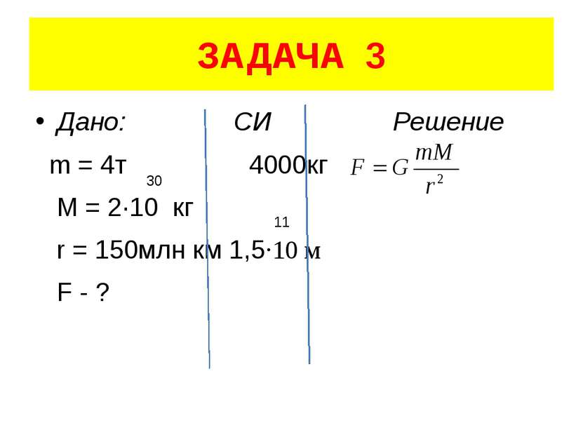 ЗАДАЧА 3 Дано: СИ Решение m = 4т 4000кг M = 2·10 кг r = 150млн км 1,5·10 м F ...