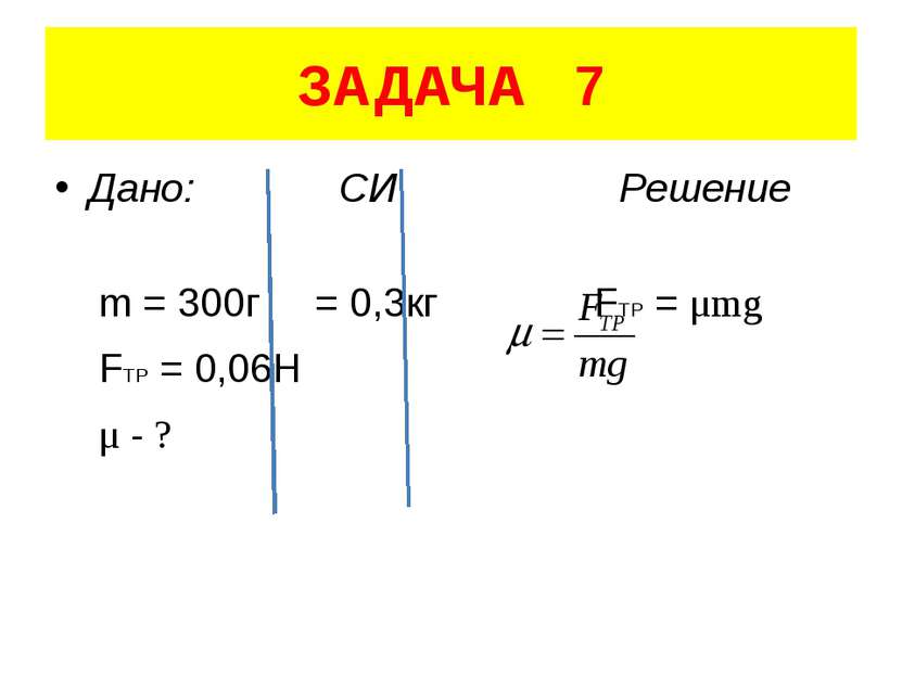 ЗАДАЧА 7 Дано: СИ Решение m = 300г = 0,3кг FTP = μmg FTP = 0,06H μ - ?