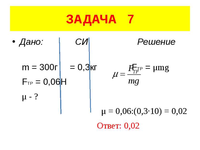 ЗАДАЧА 7 Дано: СИ Решение m = 300г = 0,3кг FTP = μmg FTP = 0,06H μ - ? μ = 0,...