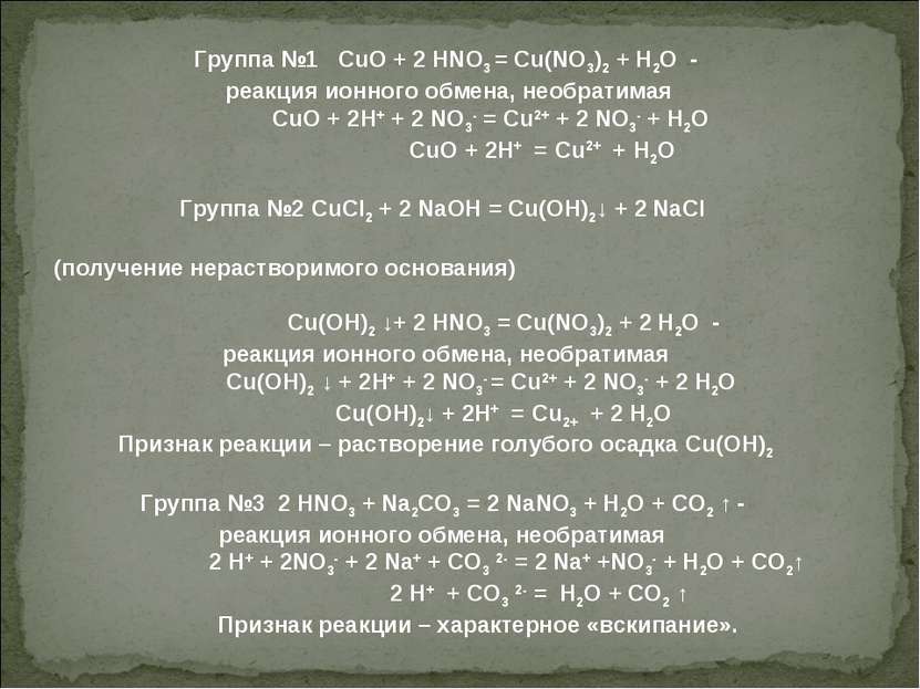 Группа №1 CuO + 2 HNO3 = Cu(NO3)2 + H2O - реакция ионного обмена, необратимая...