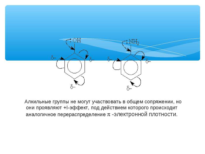 Алкильные группы не могут участвовать в общем сопряжении, но они проявляют +I...