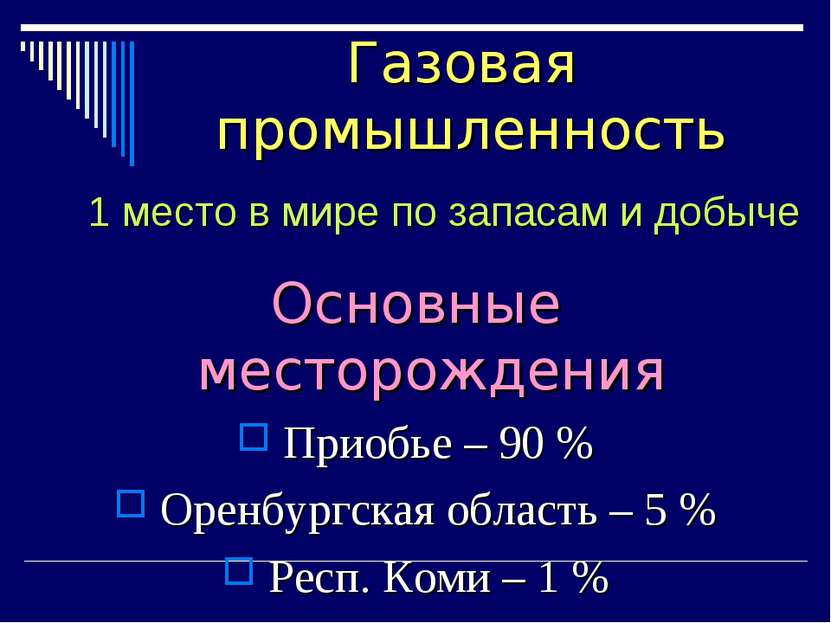 Основные месторождения Приобье – 90 % Оренбургская область – 5 % Респ. Коми –...