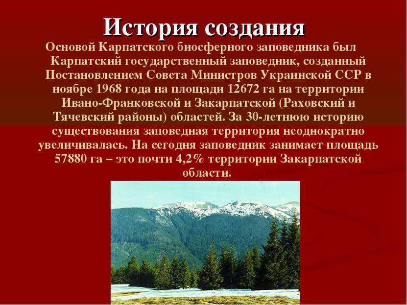 История создания Основой Карпатского биосферного заповедника был Карпатский г...