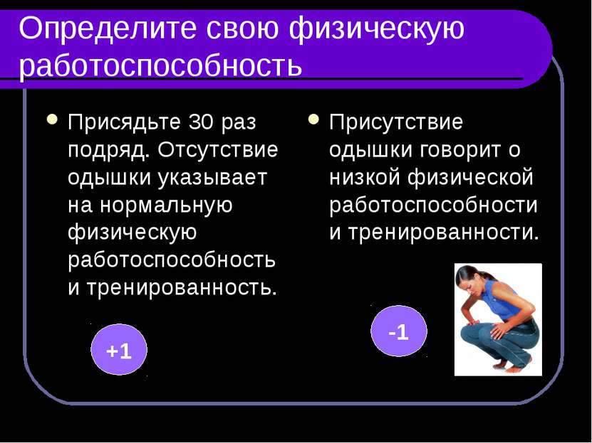 Определите свою физическую работоспособность Присядьте 30 раз подряд. Отсутст...