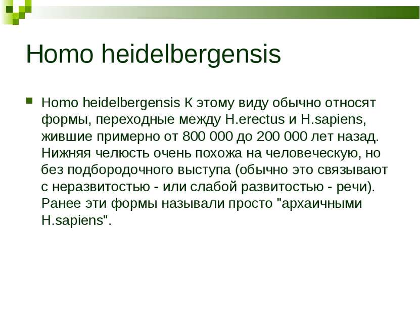 Homo heidelbergensis Homo heidelbergensis К этому виду обычно относят формы, ...