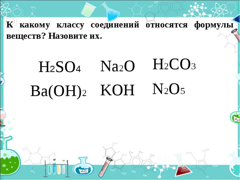 К какому классу соединений относятся формулы веществ? Назовите их. H2SO4 Na2O...