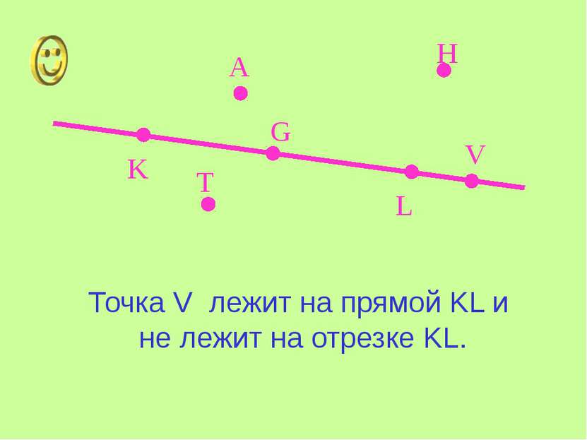 K L A V G H T Точка V  лежит на прямой KL и не лежит на отрезке KL.