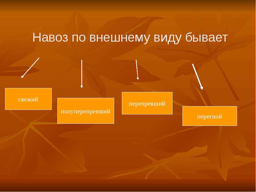 Навоз по внешнему виду бывает свежий полуперепревший перепревший перегной