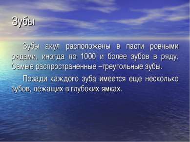 Зубы Зубы акул расположены в пасти ровными рядами, иногда по 1000 и более зуб...