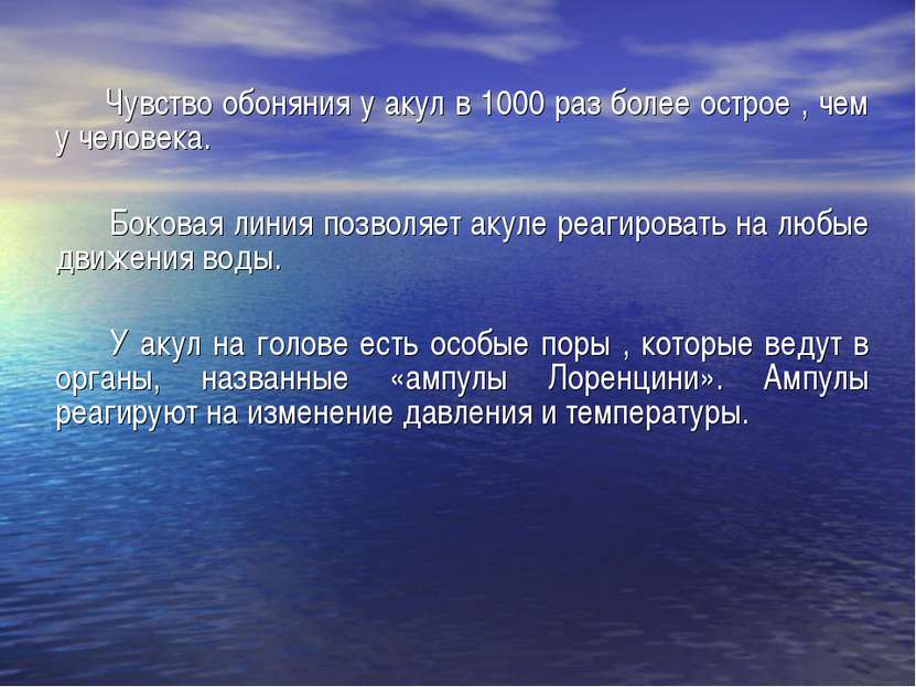   Чувство обоняния у акул в 1000 раз более острое , чем у человека. Боковая л...