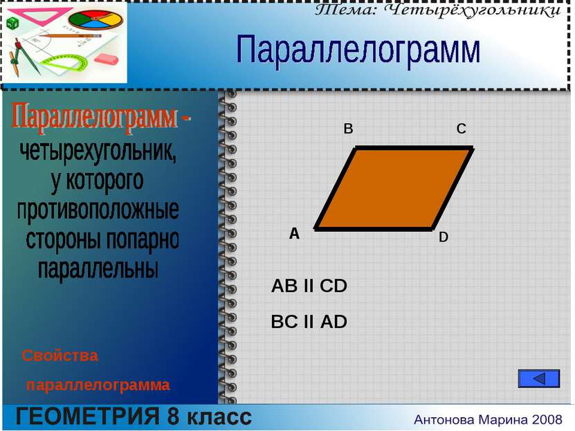 A B C D AB II CD BC II AD Свойства параллелограмма