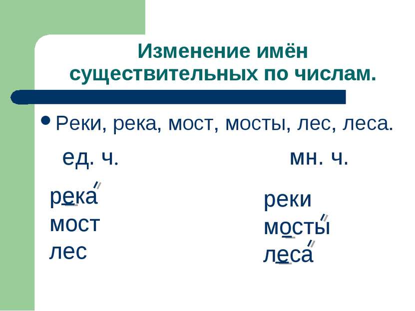 Изменение имён существительных по числам. Реки, река, мост, мосты, лес, леса....