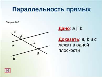 Параллельность прямых b а с А С В Дано: a || b Доказать: a, b и c лежат в одн...
