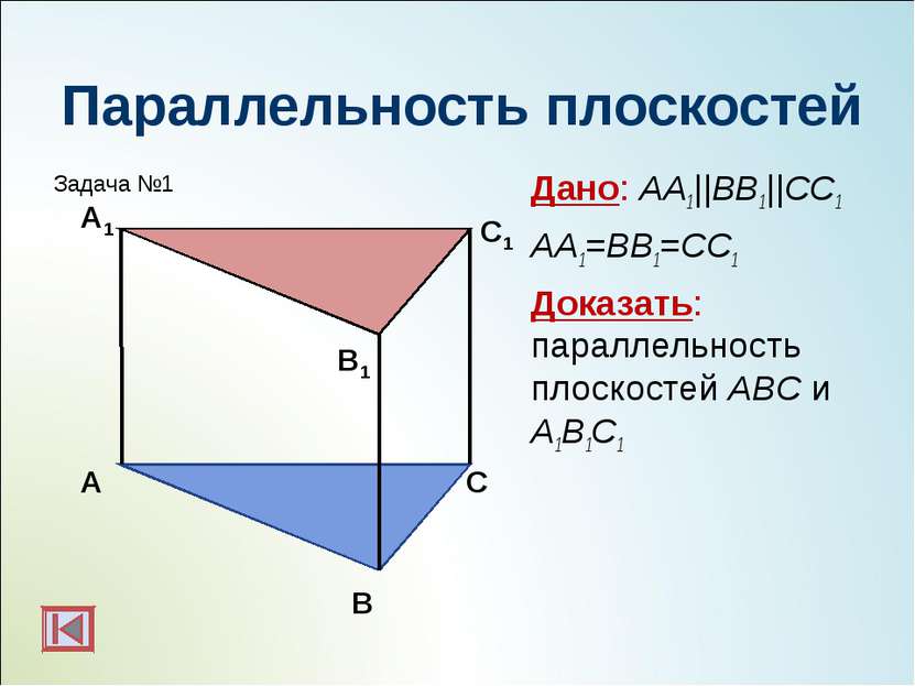 Параллельность плоскостей Дано: АА1||BB1||CC1 АА1=BB1=CC1 Доказать: параллель...