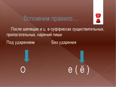 Вспомним правило… После шипящих и ц в суффиксах существительных, прилагательн...