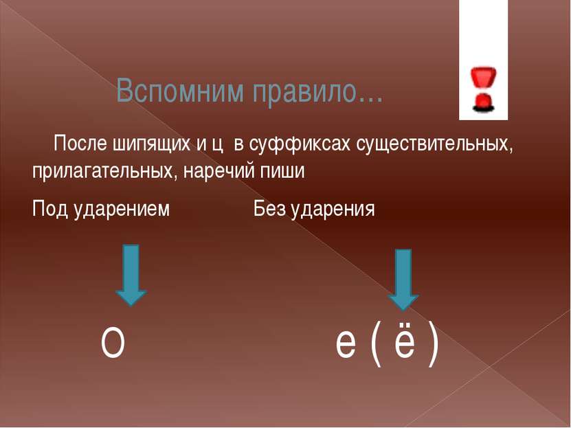 Вспомним правило… После шипящих и ц в суффиксах существительных, прилагательн...