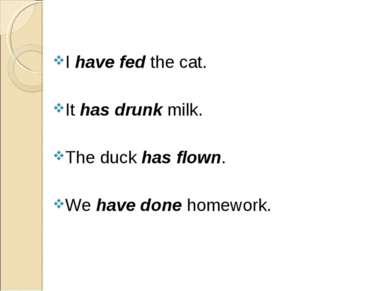 I have fed the cat. It has drunk milk. The duck has flown. We have done homew...