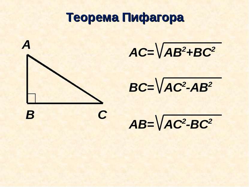 Теорема Пифагора АС= ВС= АВ=