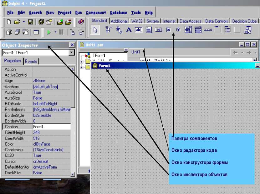 Палитра компонентов Окно редактора кода Окно конструктора формы Окно инспекто...