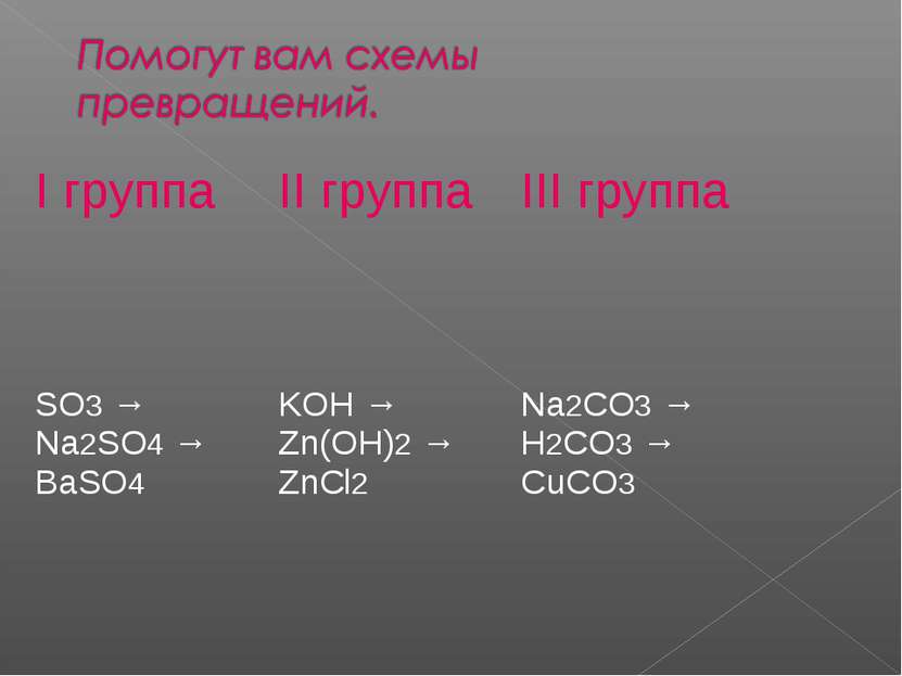 I группа II группа III группа SO3 → Na2SО4 → BaSO4 KОH → Zn(ОН)2 → ZnCl2 Na2C...