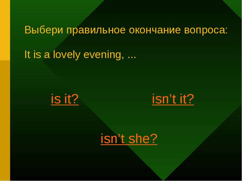 Выбери правильное окончание вопроса: It is a lovely evening, ... is it? isn’t...