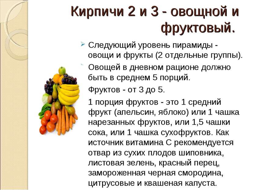 Кирпичи 2 и 3 - овощной и фруктовый.   Следующий уровень пирамиды - овощи и ф...