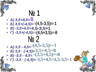   А) 3,5+4,5= Б) 3,5+(-4,5)= В) -3,5+4,5= Г) -3,5+(-4,5)= А) 3,5 - 4,5= Б) 3,...