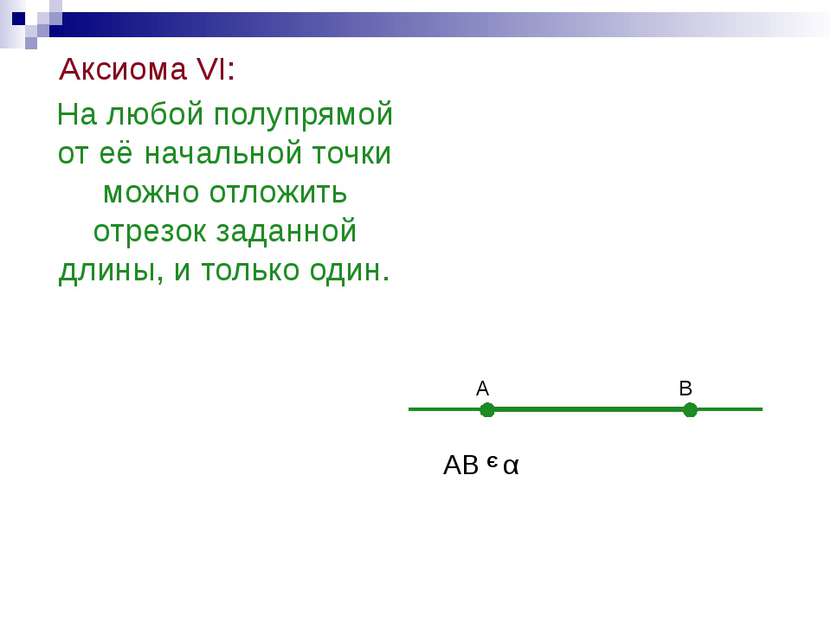 Аксиома VI: На любой полупрямой от её начальной точки можно отложить отрезок ...