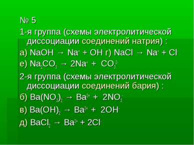 № 5 1-я группа (схемы электролитической диссоциации соединений натрия) : а) N...
