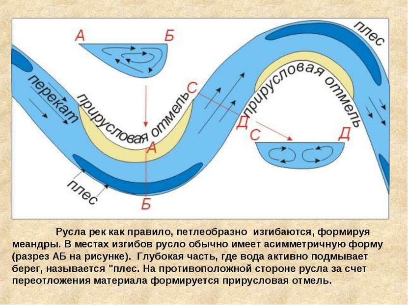  Русла рек как правило, петлеобразно  изгибаются, формируя меандры. В местах ...